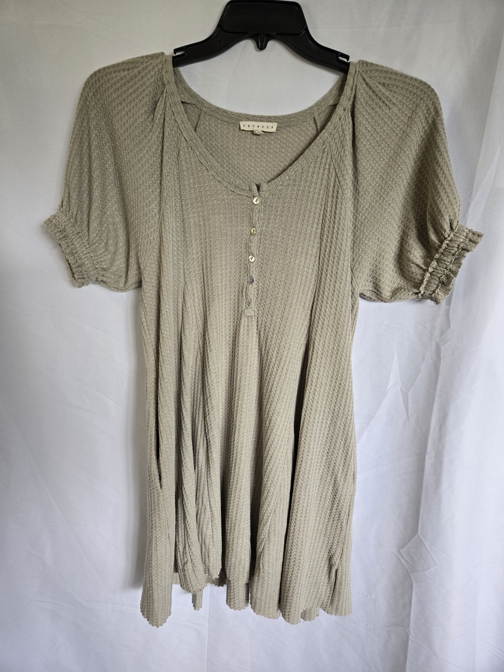 Promesa Beige Waffle-Knit Short Sleeve Mini Dress Pockets